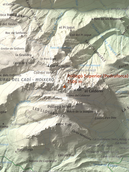 Mapa de relieve de Pollegó Superior (Pedraforca), 2506 m, Berguedà, lámina 100 Cims de Trobart. Detalle de la zona central. 30 × 40 cm.