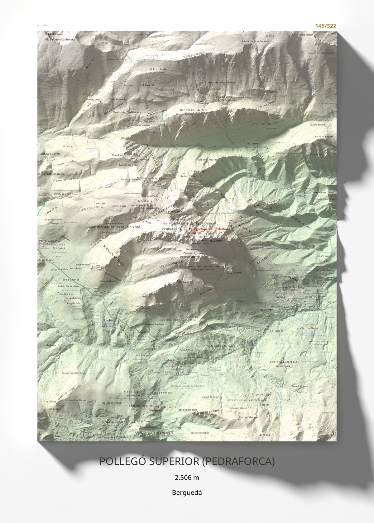 Mapa de relieve de Pollegó Superior (Pedraforca), 2506 m, Berguedà, lámina 100 Cims de Trobart 50 × 70 cm.