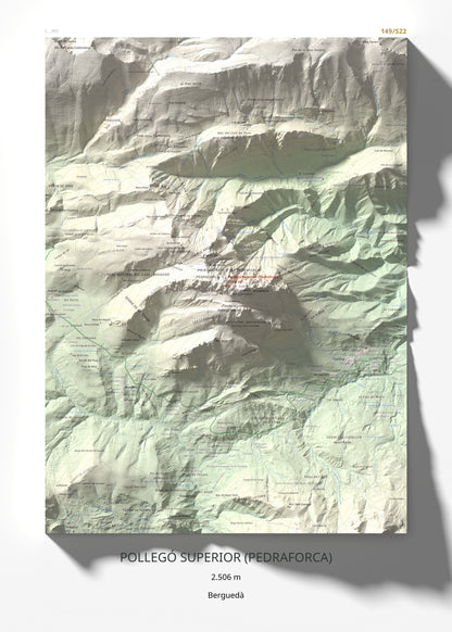 Mapa de relieve de Pollegó Superior (Pedraforca), 2506 m, Berguedà, lámina 100 Cims de Trobart 50 × 70 cm.