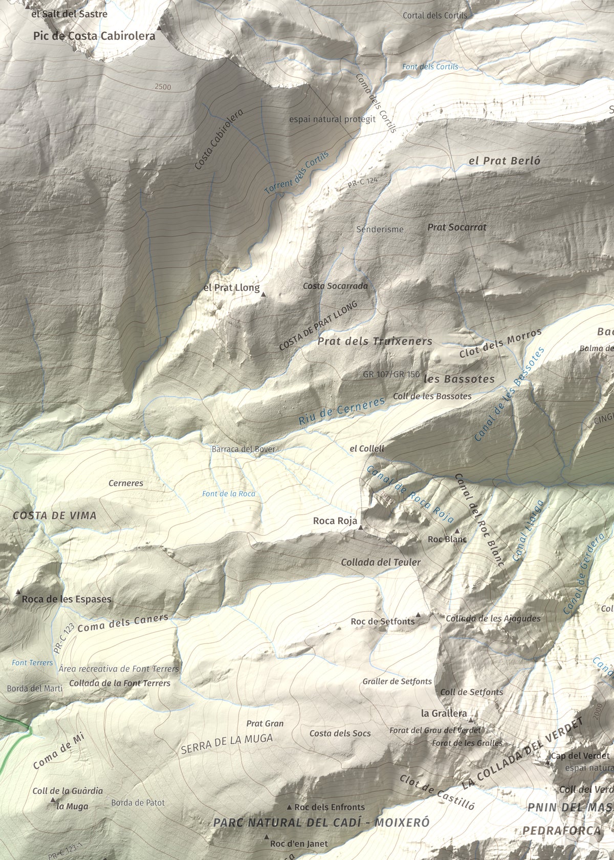 Mapa de relieve de Pollegó Superior (Pedraforca), 2506 m, Berguedà, lámina 100 Cims de Trobart. Detalle de la zona superior izquierda. 50 × 70 cm.