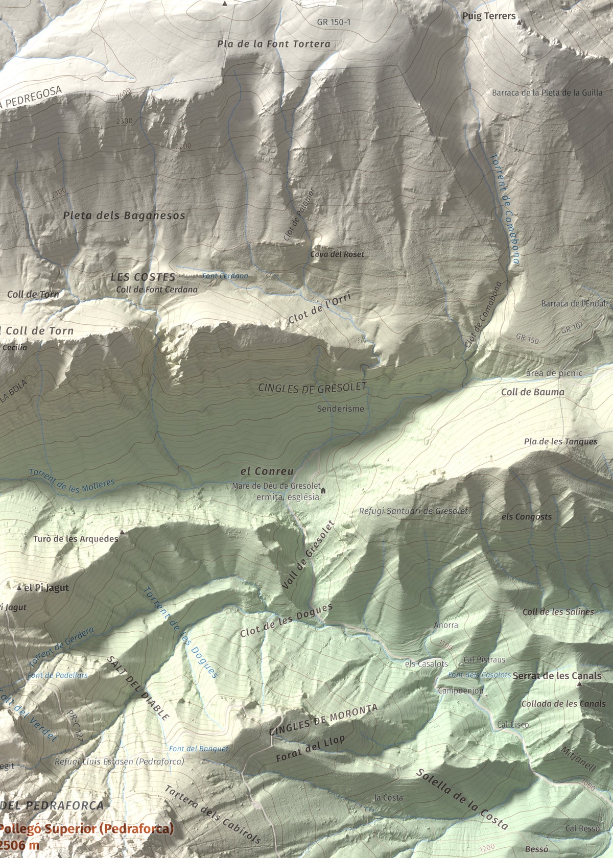 Mapa de relieve de Pollegó Superior (Pedraforca), 2506 m, Berguedà, lámina 100 Cims de Trobart. Detalle de la zona superior derecha. 50 × 70 cm.