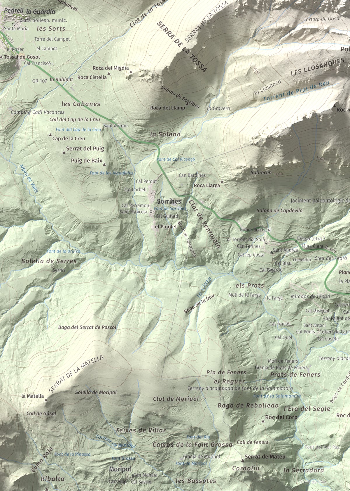 Mapa de relieve de Pollegó Superior (Pedraforca), 2506 m, Berguedà, lámina 100 Cims de Trobart. Detalle de la zona inferior izquierda. 50 × 70 cm.