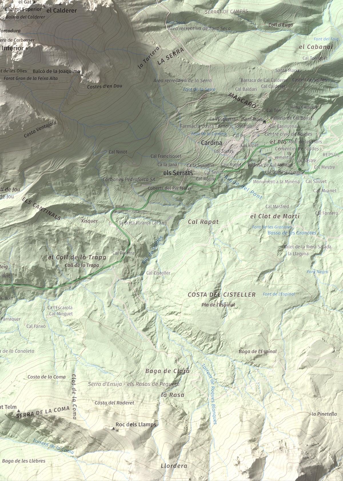 Mapa de relieve de Pollegó Superior (Pedraforca), 2506 m, Berguedà, lámina 100 Cims de Trobart. Detalle de la zona inferior derecha. 50 × 70 cm.