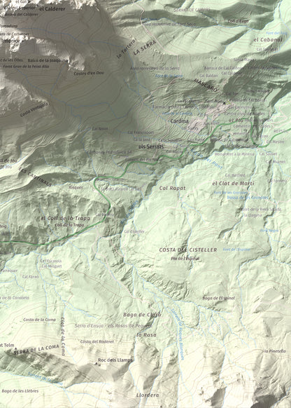 Mapa de relieve de Pollegó Superior (Pedraforca), 2506 m, Berguedà, lámina 100 Cims de Trobart. Detalle de la zona inferior derecha. 50 × 70 cm.