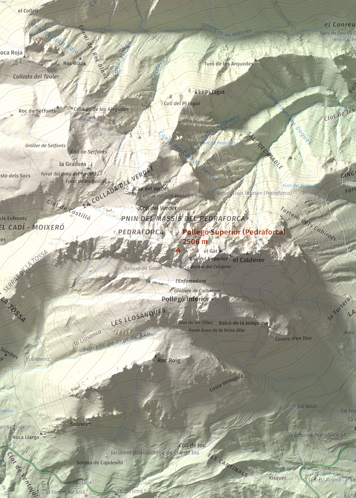 Mapa de relieve de Pollegó Superior (Pedraforca), 2506 m, Berguedà, lámina 100 Cims de Trobart. Detalle de la zona central. 50 × 70 cm.