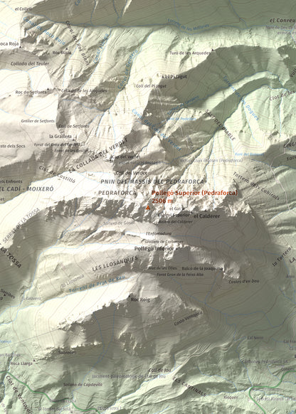 Mapa de relieve de Pollegó Superior (Pedraforca), 2506 m, Berguedà, lámina 100 Cims de Trobart. Detalle de la zona central. 50 × 70 cm.