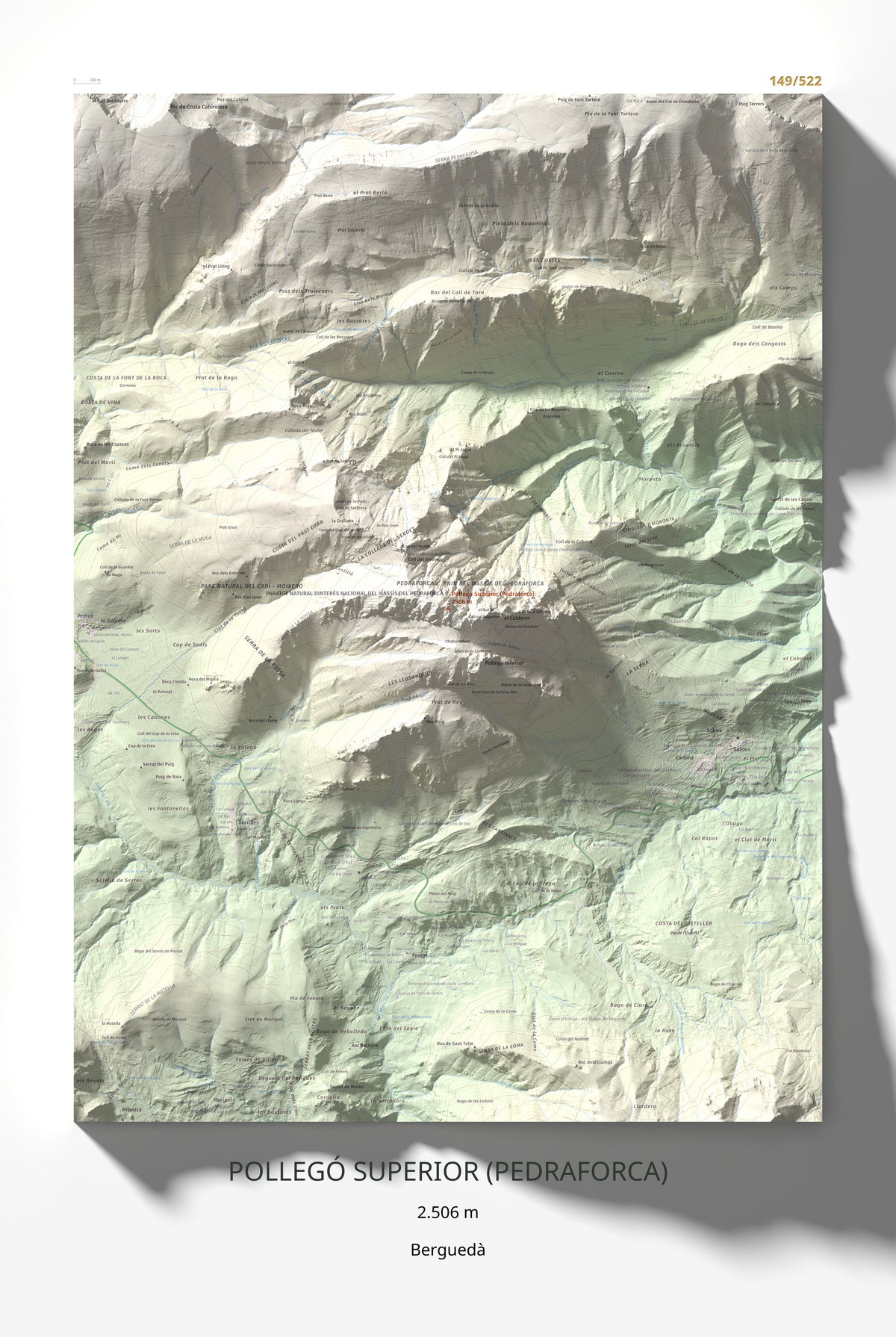 Mapa de relieve de Pollegó Superior (Pedraforca), 2506 m, Berguedà, lámina 100 Cims de Trobart 61 × 91 cm.