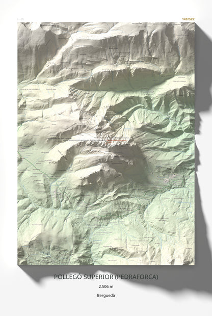Mapa de relieve de Pollegó Superior (Pedraforca), 2506 m, Berguedà, lámina 100 Cims de Trobart 61 × 91 cm.