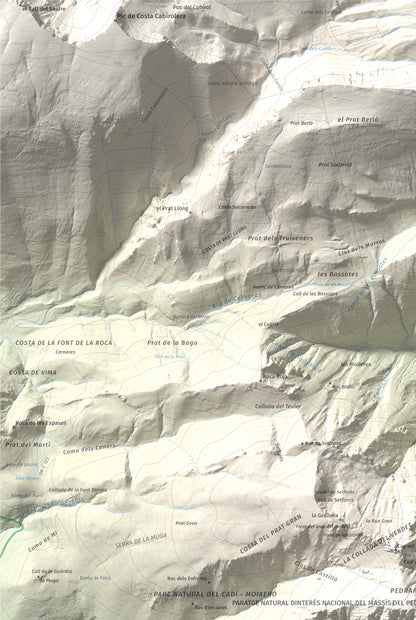 Mapa de relieve de Pollegó Superior (Pedraforca), 2506 m, Berguedà, lámina 100 Cims de Trobart. Detalle de la zona superior izquierda. 61 × 91 cm.