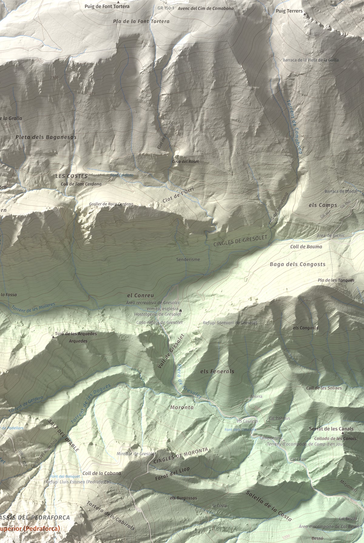Mapa de relieve de Pollegó Superior (Pedraforca), 2506 m, Berguedà, lámina 100 Cims de Trobart. Detalle de la zona superior derecha. 61 × 91 cm.