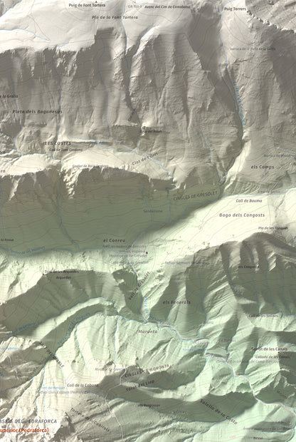 Mapa de relieve de Pollegó Superior (Pedraforca), 2506 m, Berguedà, lámina 100 Cims de Trobart. Detalle de la zona superior derecha. 61 × 91 cm.