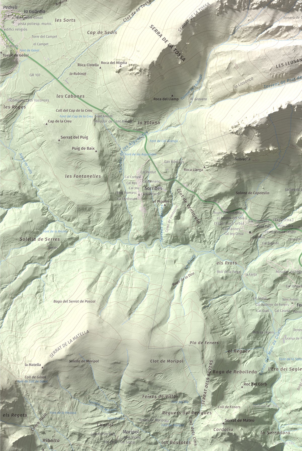 Mapa de relieve de Pollegó Superior (Pedraforca), 2506 m, Berguedà, lámina 100 Cims de Trobart. Detalle de la zona inferior izquierda. 61 × 91 cm.