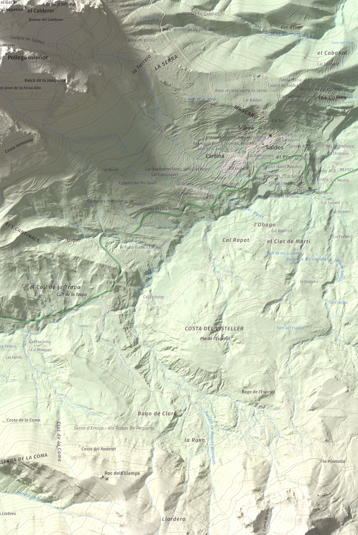 Mapa de relieve de Pollegó Superior (Pedraforca), 2506 m, Berguedà, lámina 100 Cims de Trobart. Detalle de la zona inferior derecha. 61 × 91 cm.