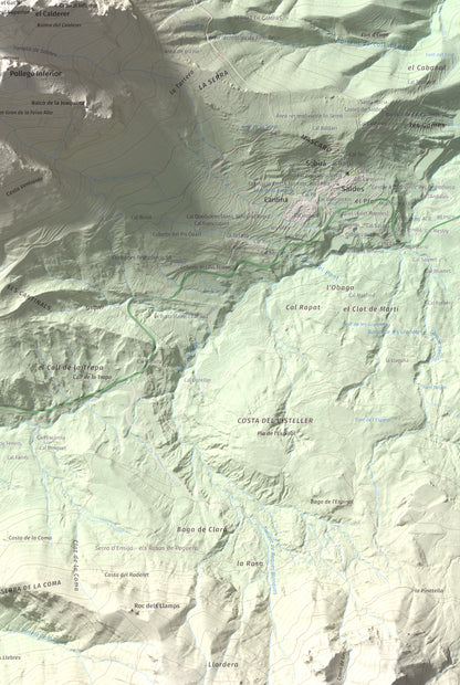 Mapa de relieve de Pollegó Superior (Pedraforca), 2506 m, Berguedà, lámina 100 Cims de Trobart. Detalle de la zona inferior derecha. 61 × 91 cm.
