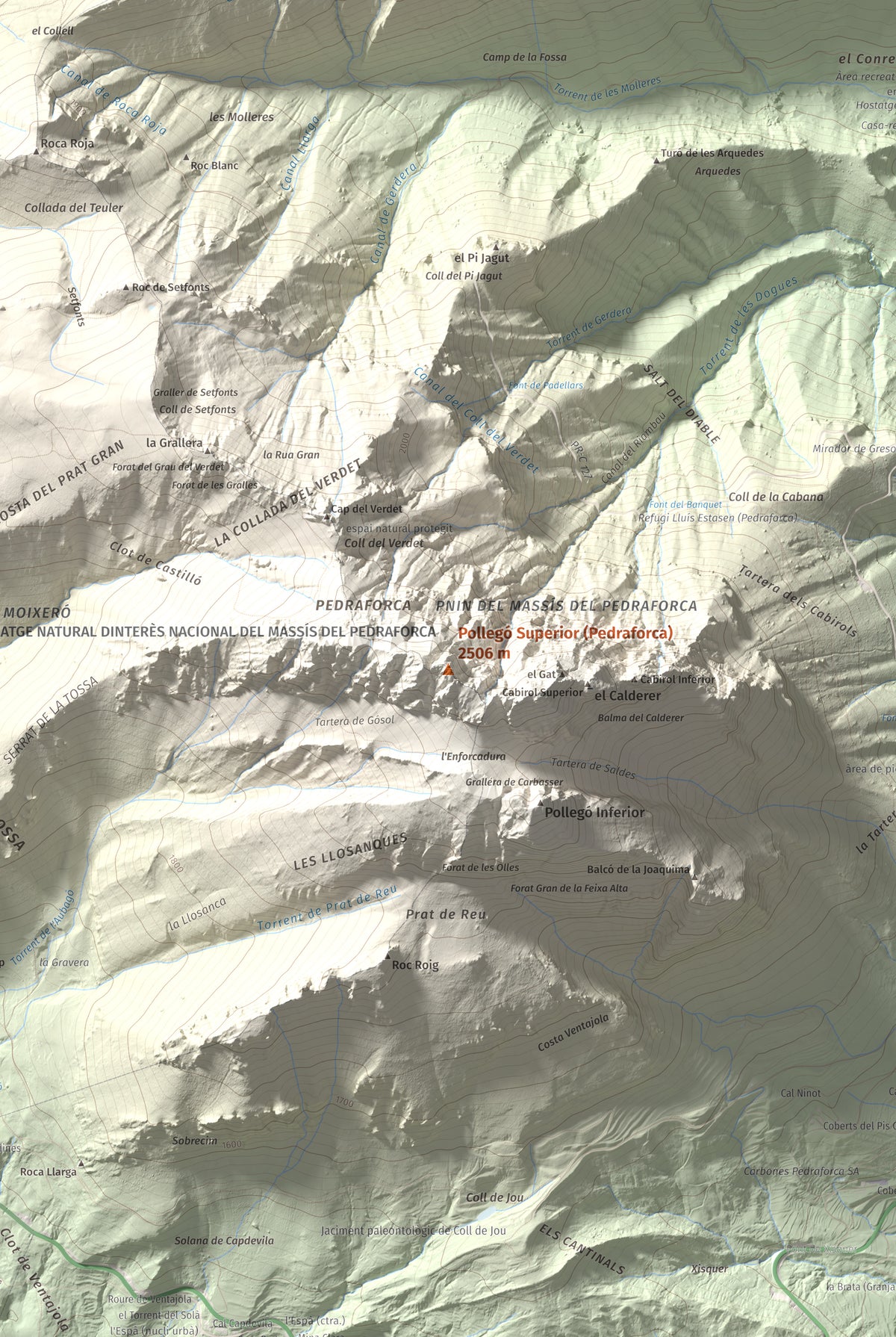 Mapa de relieve de Pollegó Superior (Pedraforca), 2506 m, Berguedà, lámina 100 Cims de Trobart. Detalle de la zona central. 61 × 91 cm.