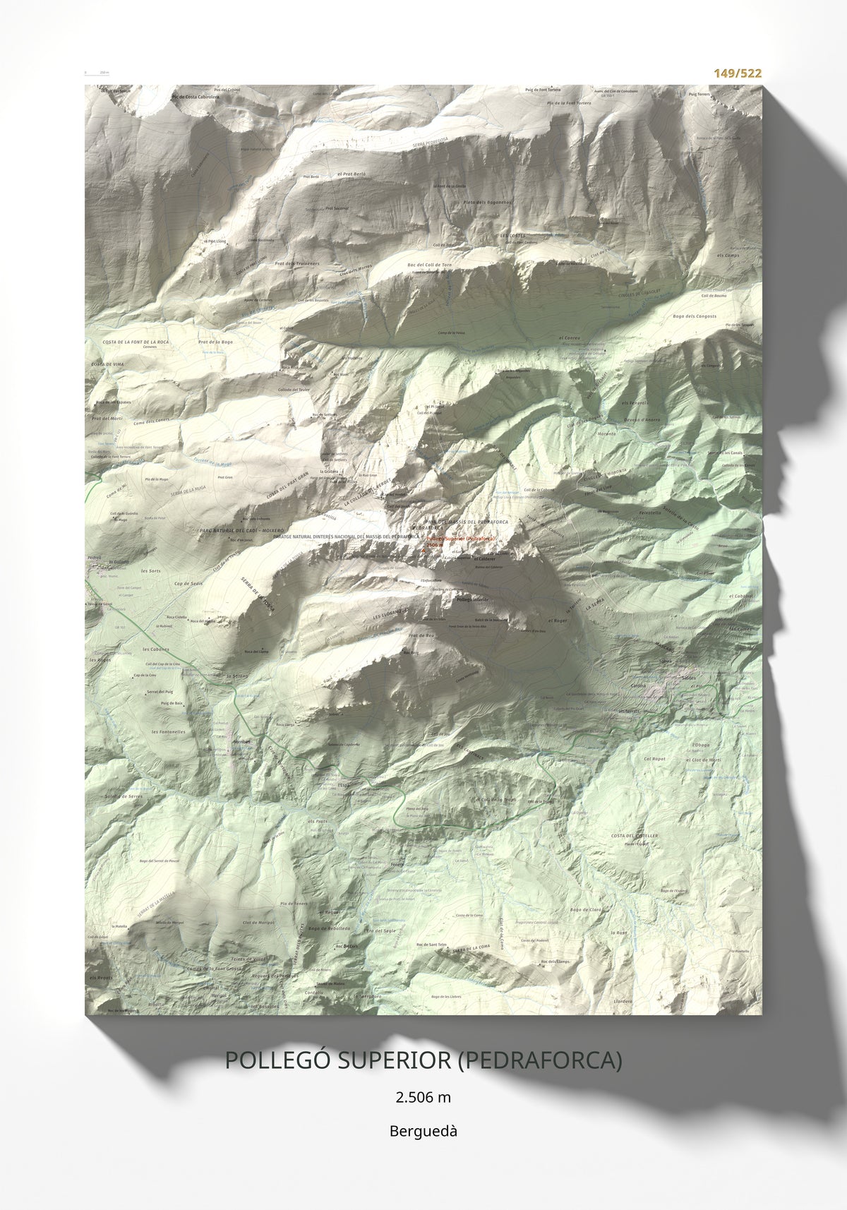 Mapa de relieve de Pollegó Superior (Pedraforca), 2506 m, Berguedà, lámina 100 Cims de Trobart 70 × 100 cm.