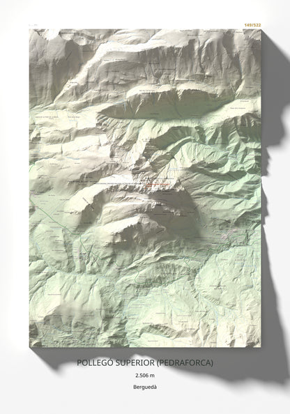 Mapa de relieve de Pollegó Superior (Pedraforca), 2506 m, Berguedà, lámina 100 Cims de Trobart 70 × 100 cm.
