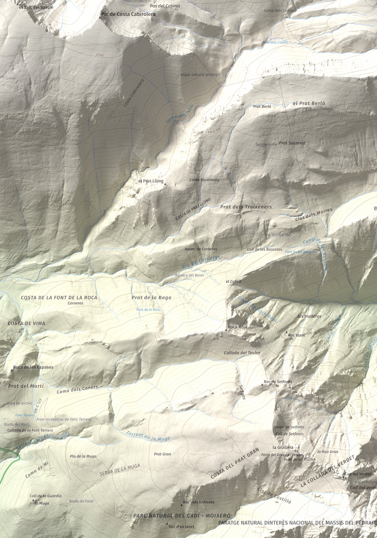 Mapa de relieve de Pollegó Superior (Pedraforca), 2506 m, Berguedà, lámina 100 Cims de Trobart. Detalle de la zona superior izquierda. 70 × 100 cm.