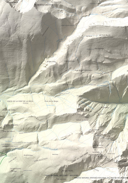Mapa de relieve de Pollegó Superior (Pedraforca), 2506 m, Berguedà, lámina 100 Cims de Trobart. Detalle de la zona superior izquierda. 70 × 100 cm.