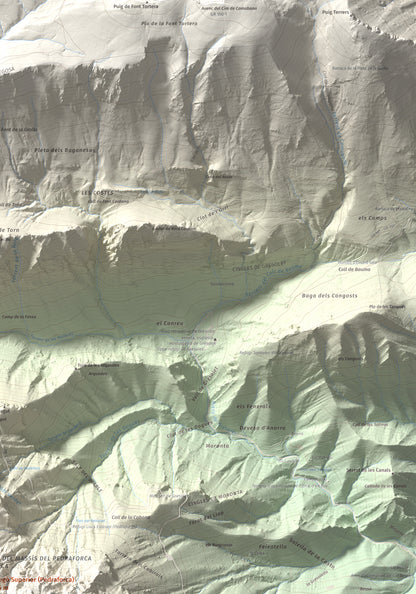 Mapa de relieve de Pollegó Superior (Pedraforca), 2506 m, Berguedà, lámina 100 Cims de Trobart. Detalle de la zona superior derecha. 70 × 100 cm.