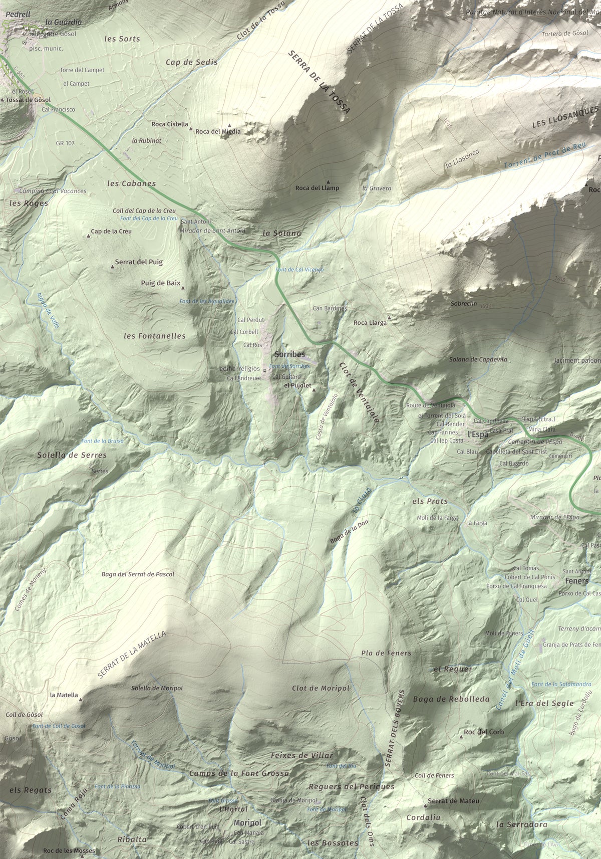 Mapa de relieve de Pollegó Superior (Pedraforca), 2506 m, Berguedà, lámina 100 Cims de Trobart. Detalle de la zona inferior izquierda. 70 × 100 cm.