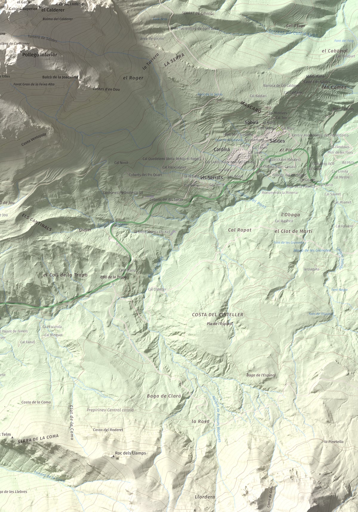 Mapa de relieve de Pollegó Superior (Pedraforca), 2506 m, Berguedà, lámina 100 Cims de Trobart. Detalle de la zona inferior derecha. 70 × 100 cm.