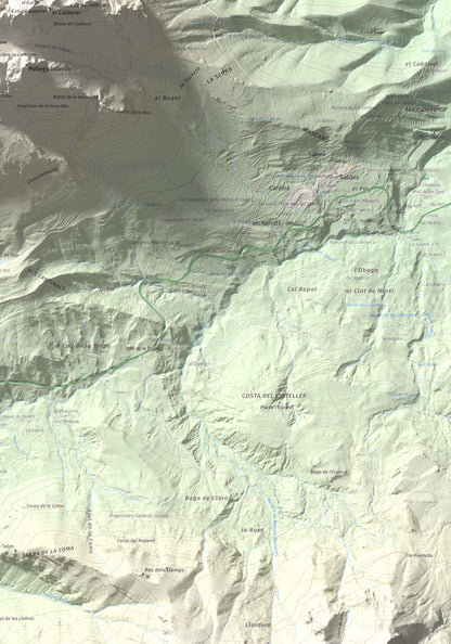 Mapa de relieve de Pollegó Superior (Pedraforca), 2506 m, Berguedà, lámina 100 Cims de Trobart. Detalle de la zona inferior derecha. 70 × 100 cm.