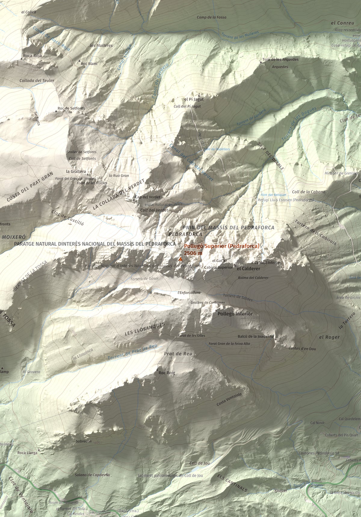 Mapa de relieve de Pollegó Superior (Pedraforca), 2506 m, Berguedà, lámina 100 Cims de Trobart. Detalle de la zona central. 70 × 100 cm.