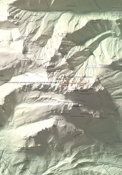 Mapa de relieve de Pollegó Superior (Pedraforca), 2506 m, Berguedà, lámina 100 Cims de Trobart. Detalle de la zona central. 70 × 100 cm.