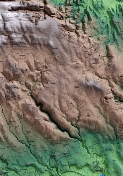 Mapa artístico del relieve de Pont de Molins, al Alt Empordà, con 15 km de entorno y base topográfica ICGC. Detalle de la zona inferior izquierda.
