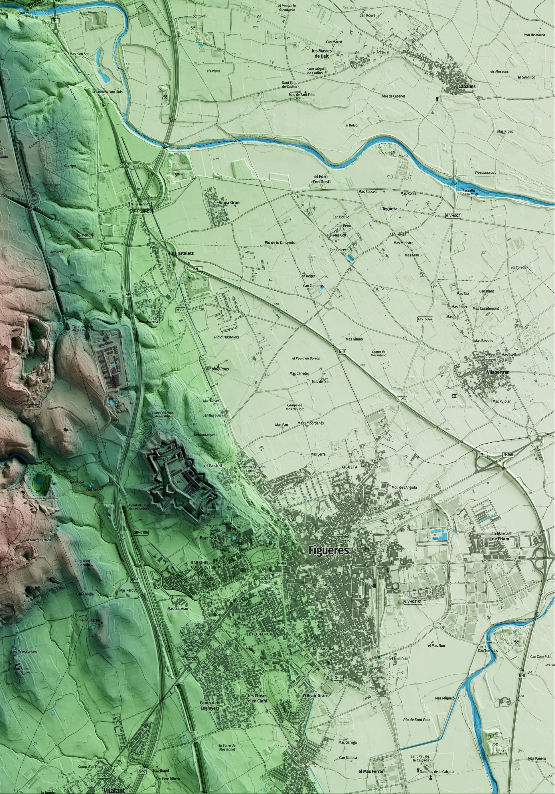 Mapa artístico del relieve de Pont de Molins, al Alt Empordà, con 15 km de entorno y base topográfica ICGC. Detalle de la zona inferior derecha.