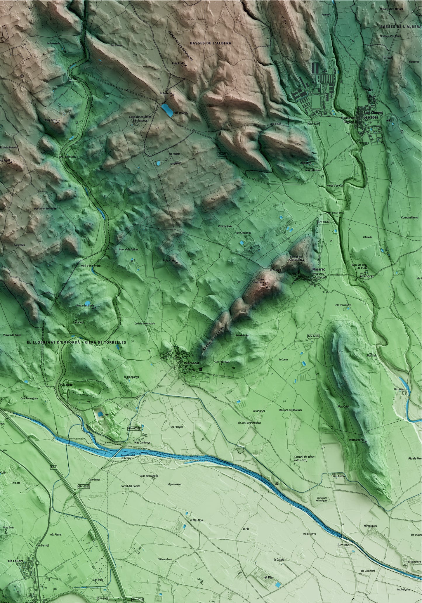 Mapa artístico del relieve de Pont de Molins, al Alt Empordà, con 15 km de entorno y base topográfica ICGC. Detalle de la zona superior derecha.