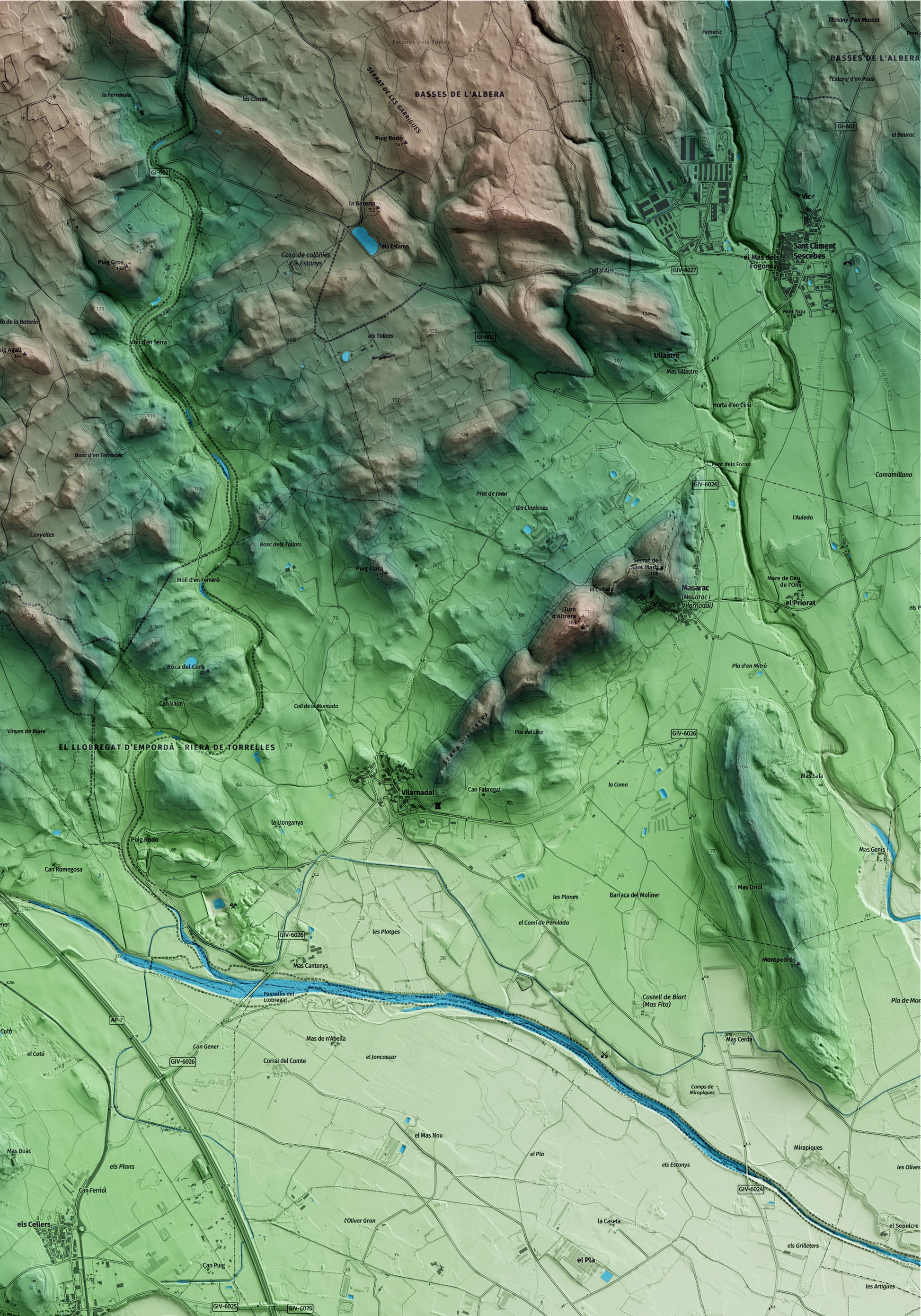 Mapa artístico del relieve de Pont de Molins, al Alt Empordà, con 15 km de entorno y base topográfica ICGC. Detalle de la zona superior derecha.