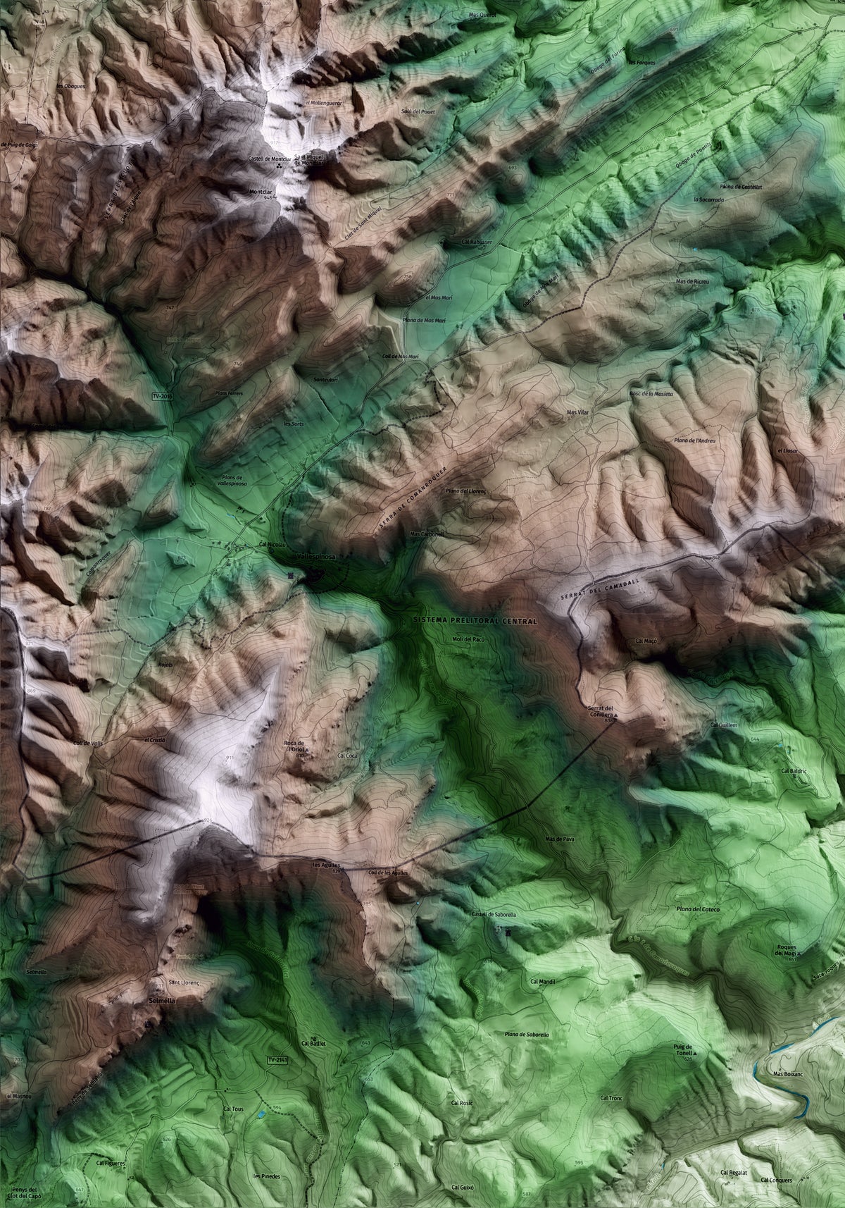 Mapa artístico del relieve de Pontils, a la Conca de Barberà, con 15 km de entorno y base topográfica ICGC. Detalle de la zona inferior izquierda.