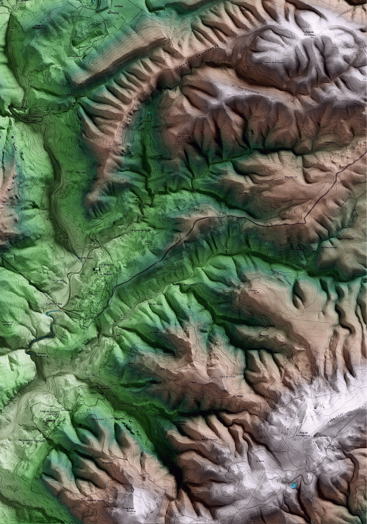 Mapa artístico del relieve de Pontils, a la Conca de Barberà, con 15 km de entorno y base topográfica ICGC. Detalle de la zona inferior derecha.