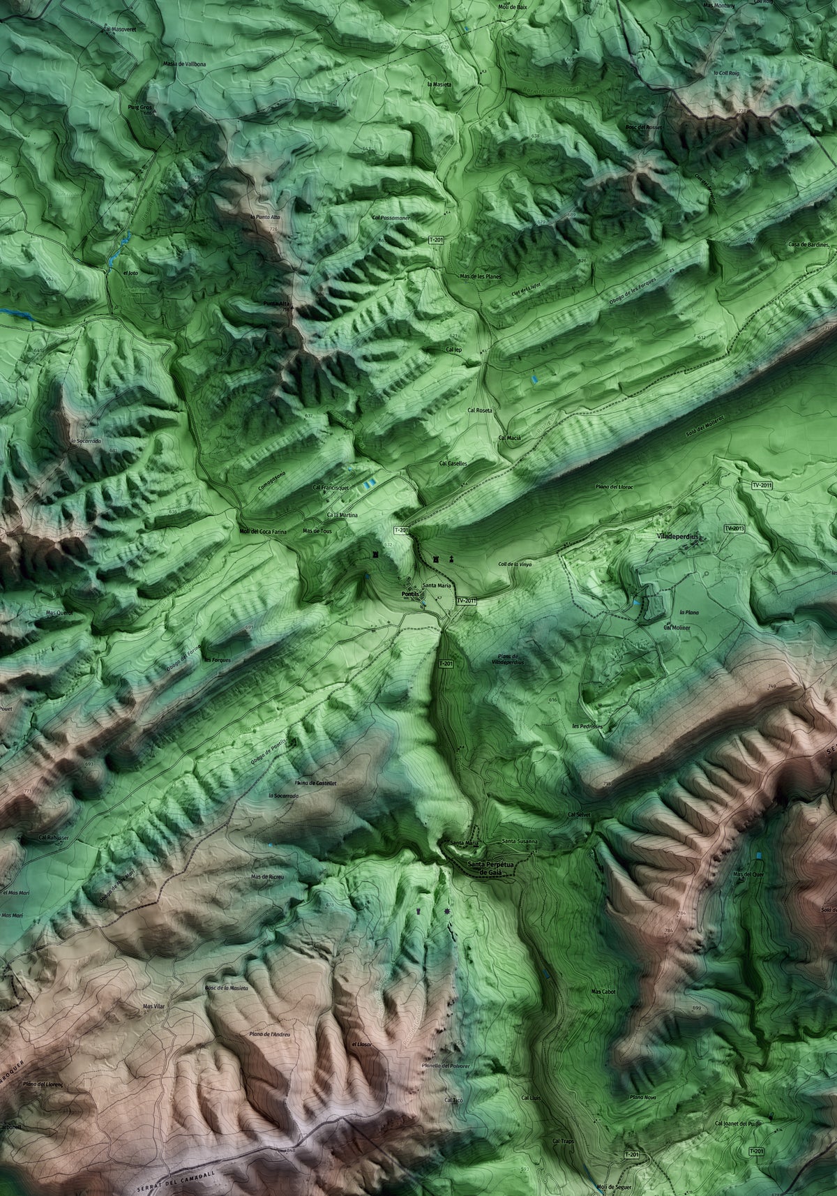 Mapa artístico del relieve de Pontils, a la Conca de Barberà, con 15 km de entorno y base topográfica ICGC. Detalle de la zona central.