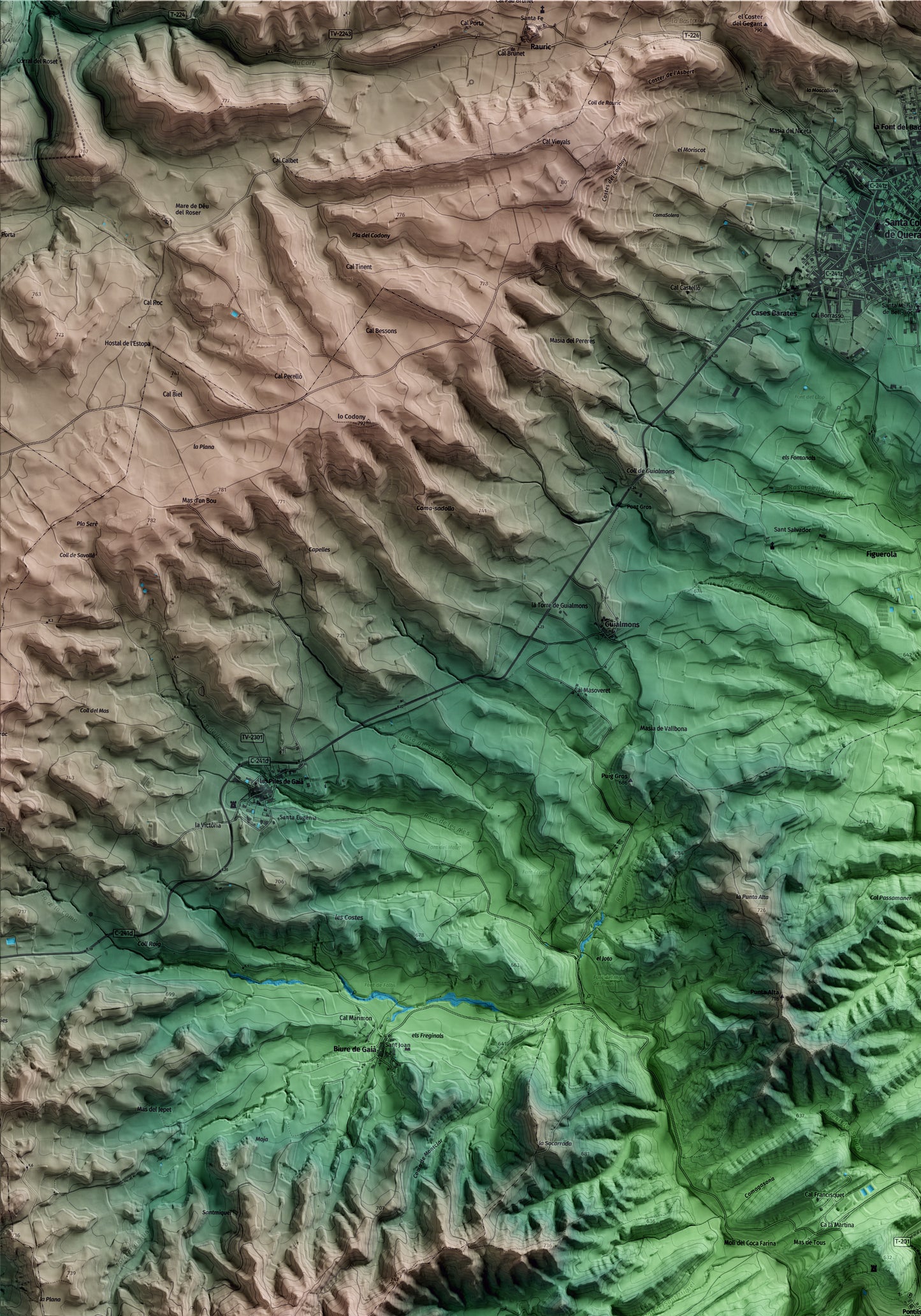 Mapa artístico del relieve de Pontils, a la Conca de Barberà, con 15 km de entorno y base topográfica ICGC. Detalle de la zona superior izquierda.