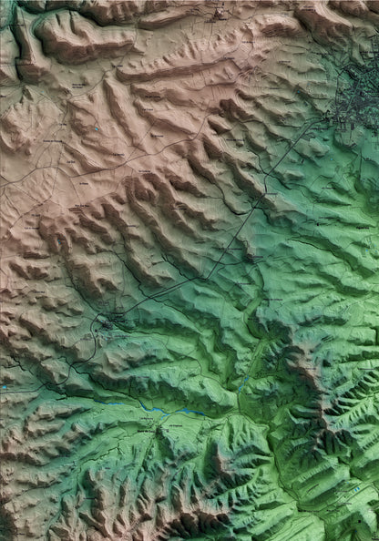 Mapa artístico del relieve de Pontils, a la Conca de Barberà, con 15 km de entorno y base topográfica ICGC. Detalle de la zona superior izquierda.