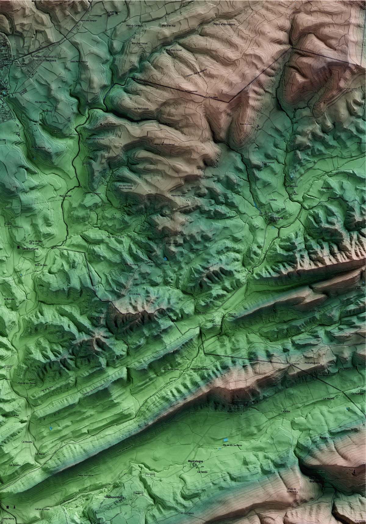 Mapa artístico del relieve de Pontils, a la Conca de Barberà, con 15 km de entorno y base topográfica ICGC. Detalle de la zona superior derecha.