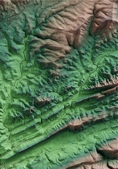 Mapa artístico del relieve de Pontils, a la Conca de Barberà, con 15 km de entorno y base topográfica ICGC. Detalle de la zona superior derecha.