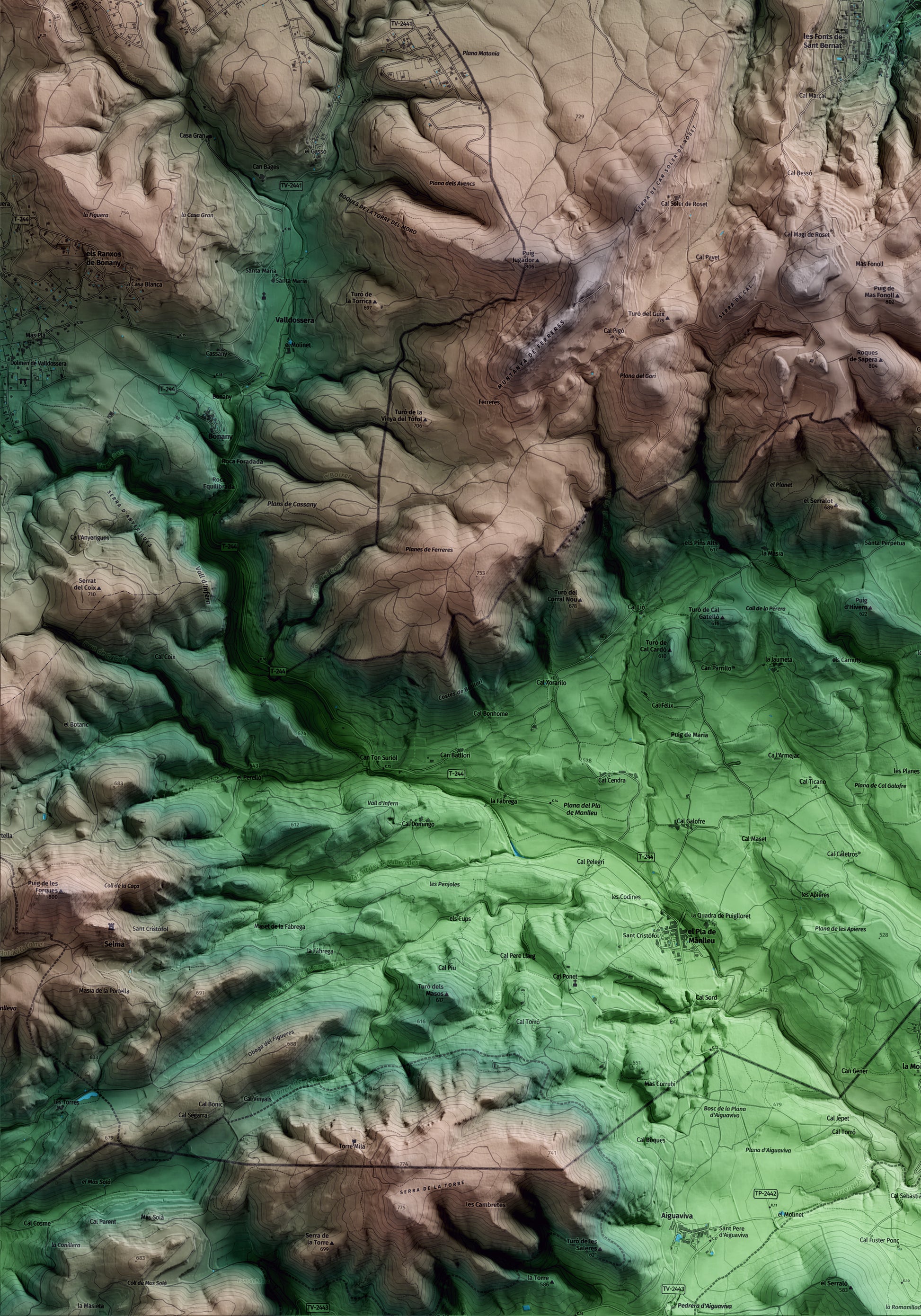 Mapa artístico del relieve de Pontons, al Alt Penedès, con 15 km de entorno y base topográfica ICGC. Detalle de la zona inferior izquierda.