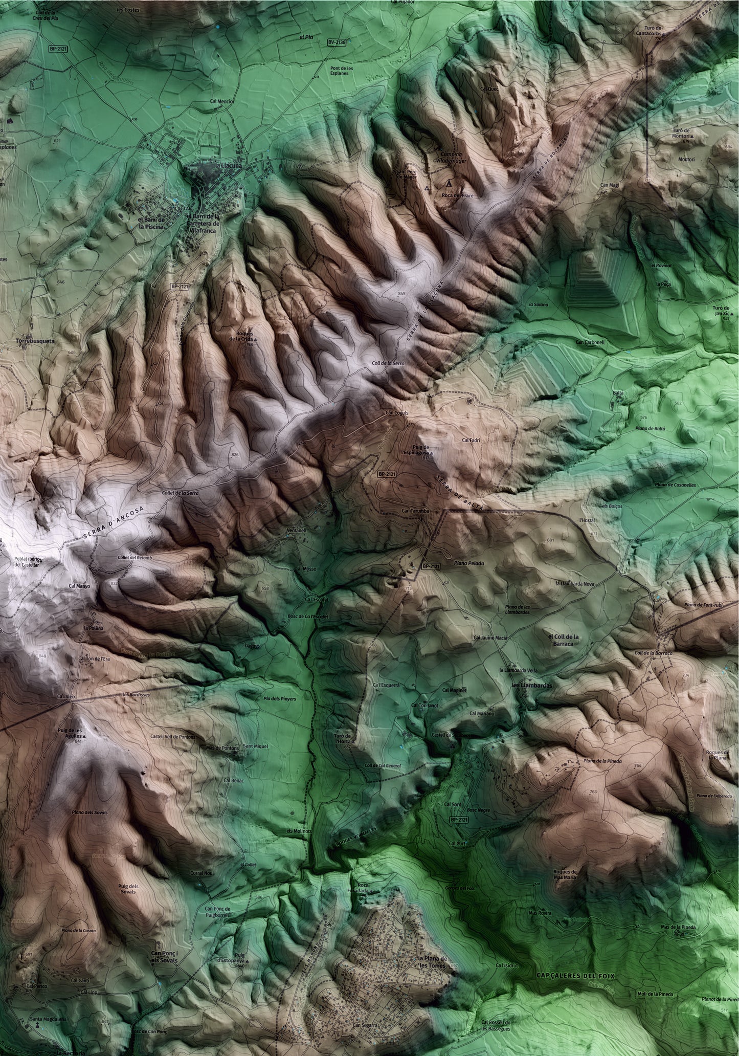 Mapa artístico del relieve de Pontons, al Alt Penedès, con 15 km de entorno y base topográfica ICGC. Detalle de la zona superior derecha.