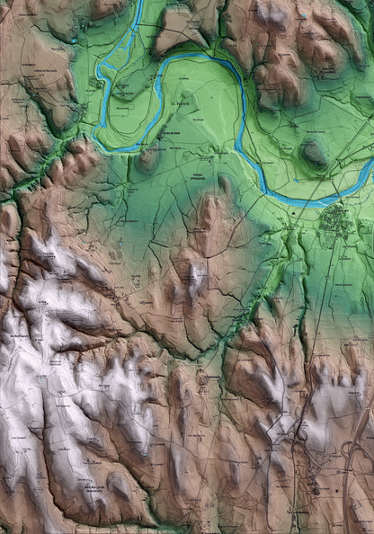 Mapa artístico del relieve de Pontós, al Alt Empordà, con 15 km de entorno y base topográfica ICGC. Detalle de la zona inferior izquierda.