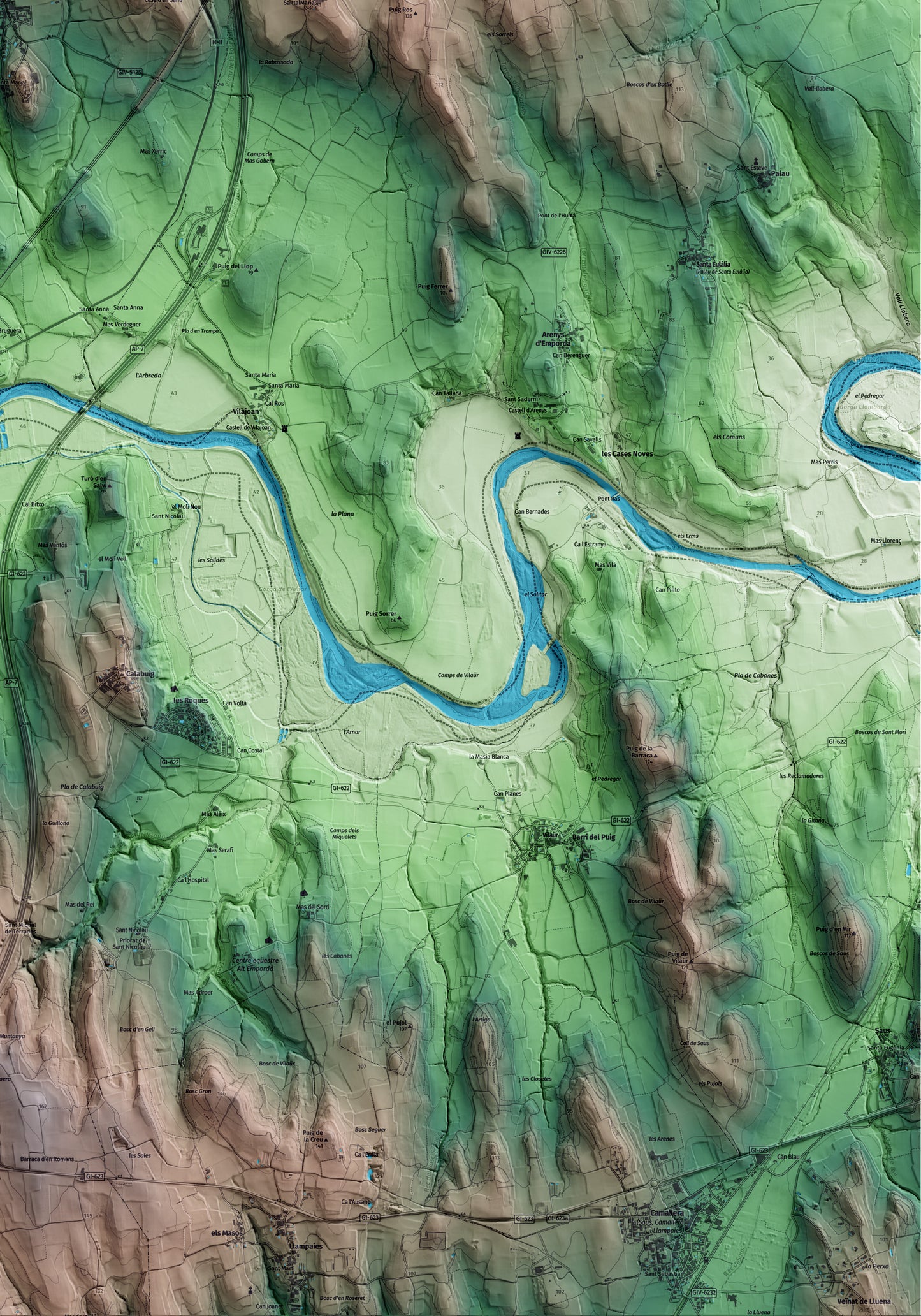 Mapa artístico del relieve de Pontós, al Alt Empordà, con 15 km de entorno y base topográfica ICGC. Detalle de la zona inferior derecha.