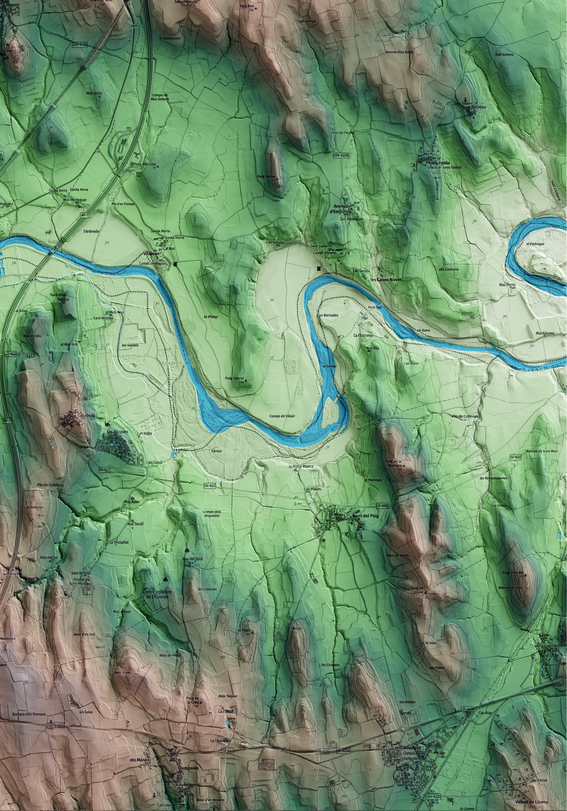 Mapa artístico del relieve de Pontós, al Alt Empordà, con 15 km de entorno y base topográfica ICGC. Detalle de la zona inferior derecha.