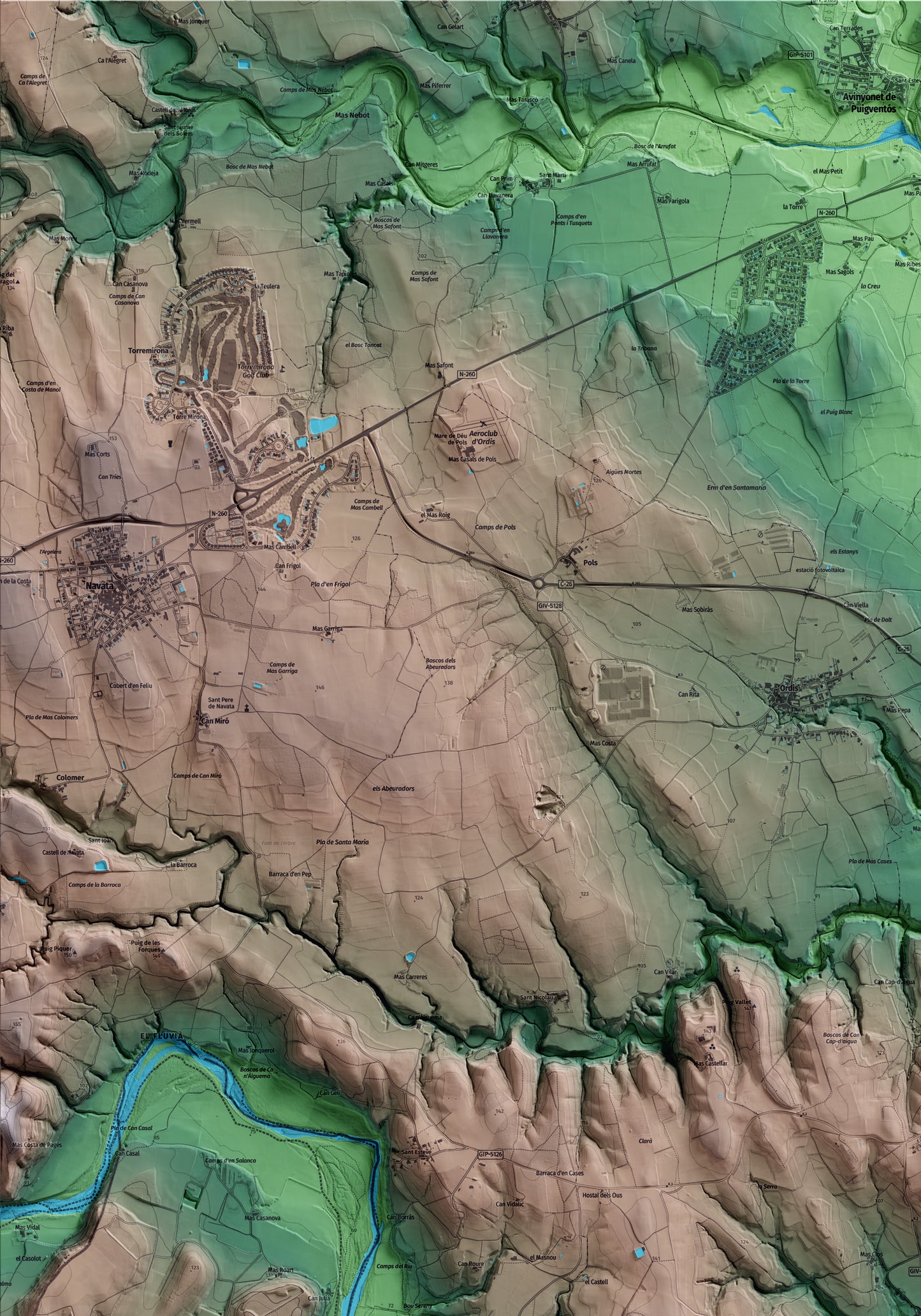 Mapa artístico del relieve de Pontós, al Alt Empordà, con 15 km de entorno y base topográfica ICGC. Detalle de la zona superior izquierda.