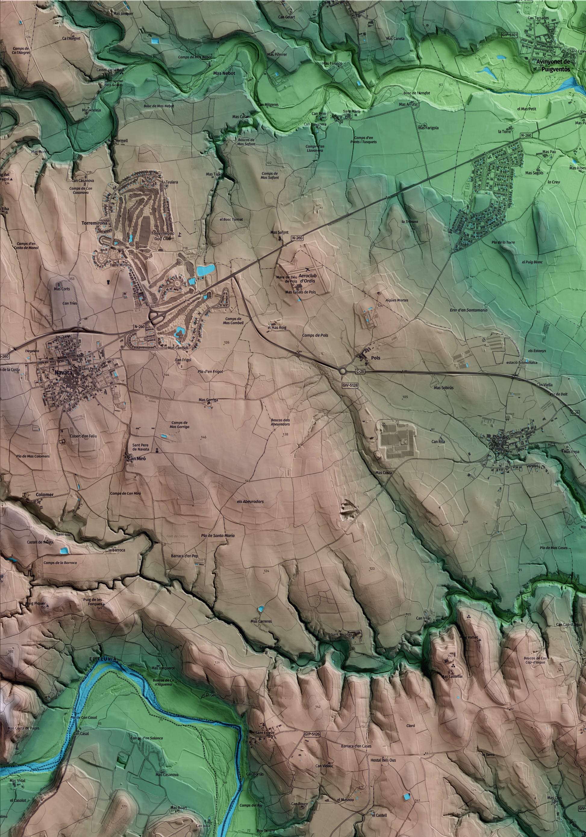 Mapa artístico del relieve de Pontós, al Alt Empordà, con 15 km de entorno y base topográfica ICGC. Detalle de la zona superior izquierda.