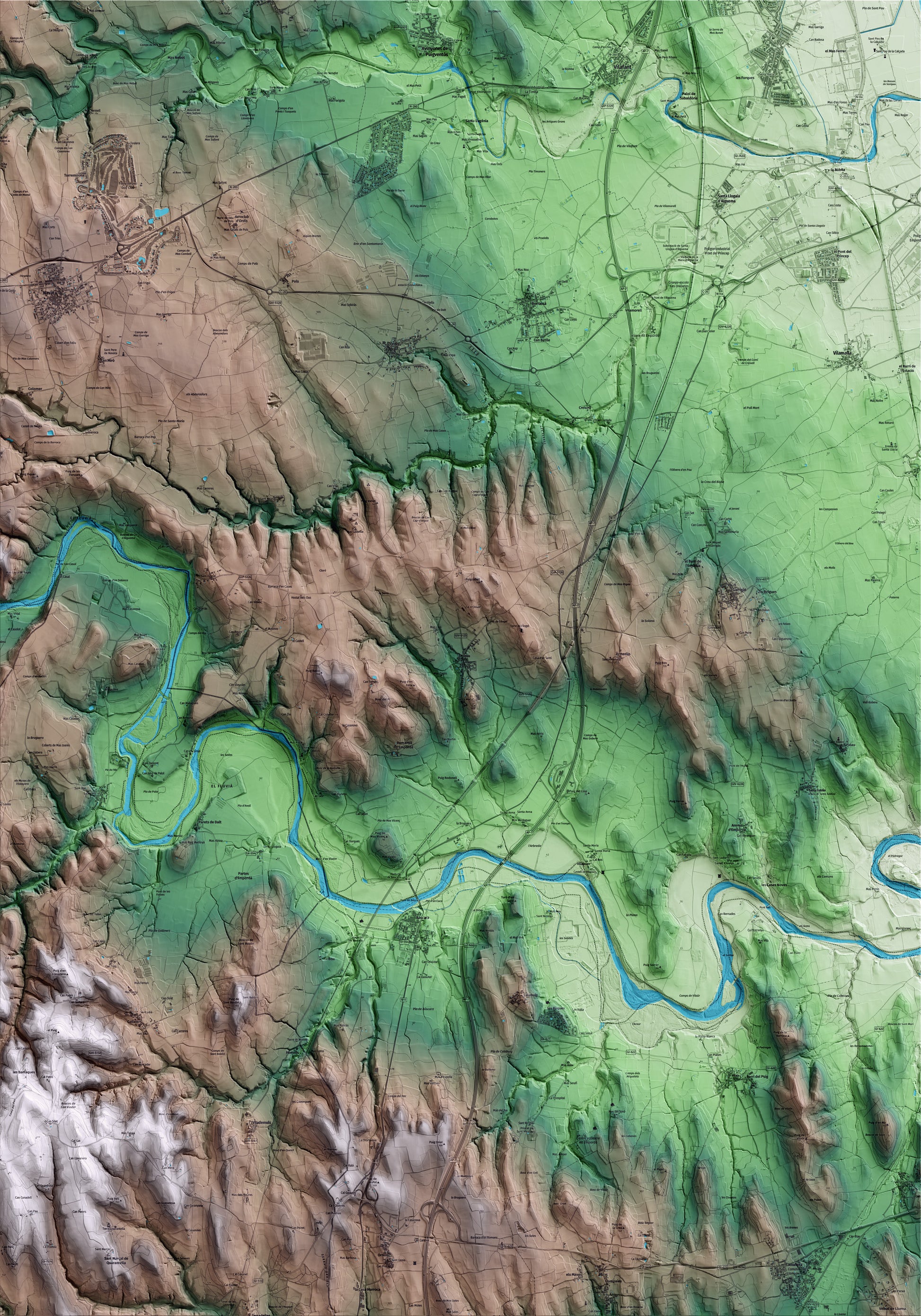 Mapa artístico del relieve de Pontós, al Alt Empordà, con 15 km de entorno y base topográfica ICGC