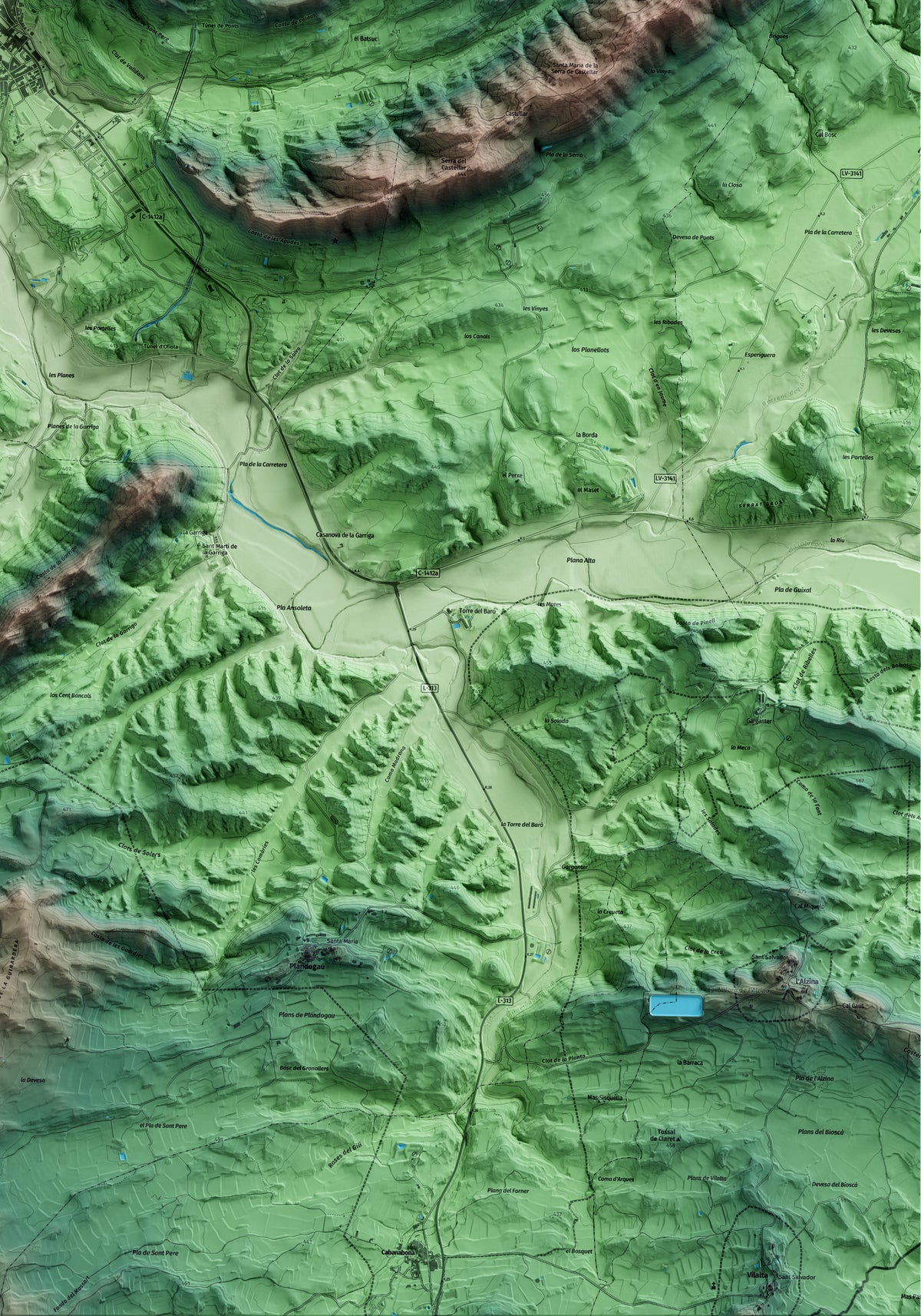 Mapa artístico del relieve de Ponts, a la Noguera, con 15 km de entorno y base topográfica ICGC. Detalle de la zona inferior derecha.