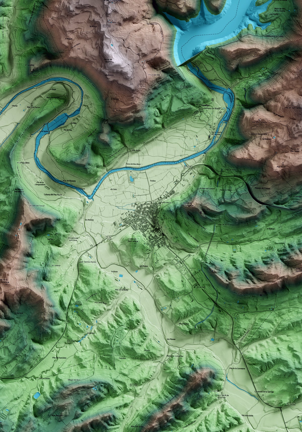 Mapa artístico del relieve de Ponts, a la Noguera, con 15 km de entorno y base topográfica ICGC. Detalle de la zona central.